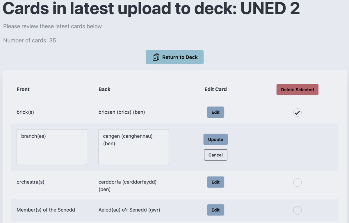 Interface showing AI-generated Welsh flashcards