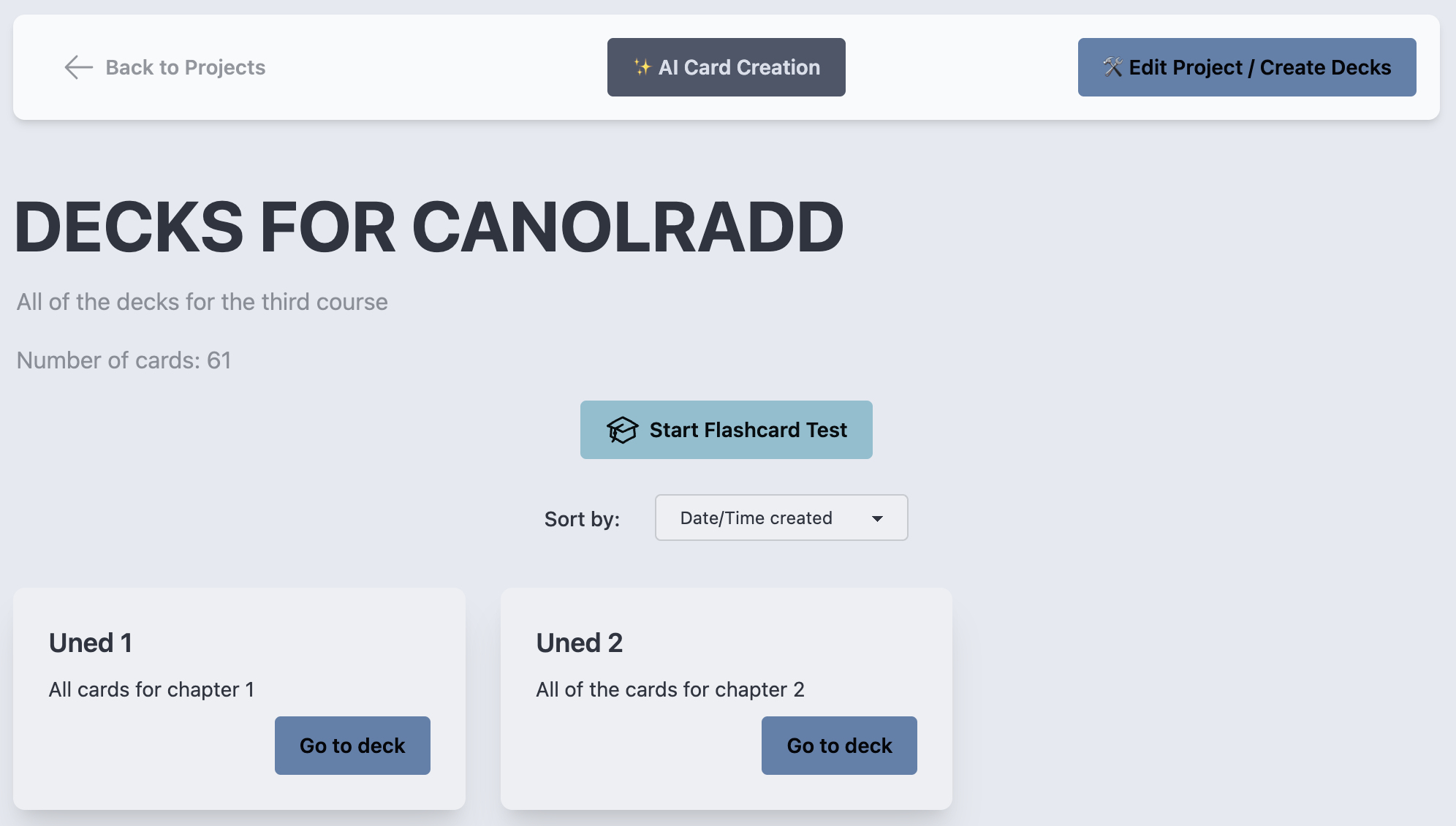 Screenshot showing project organization with decks