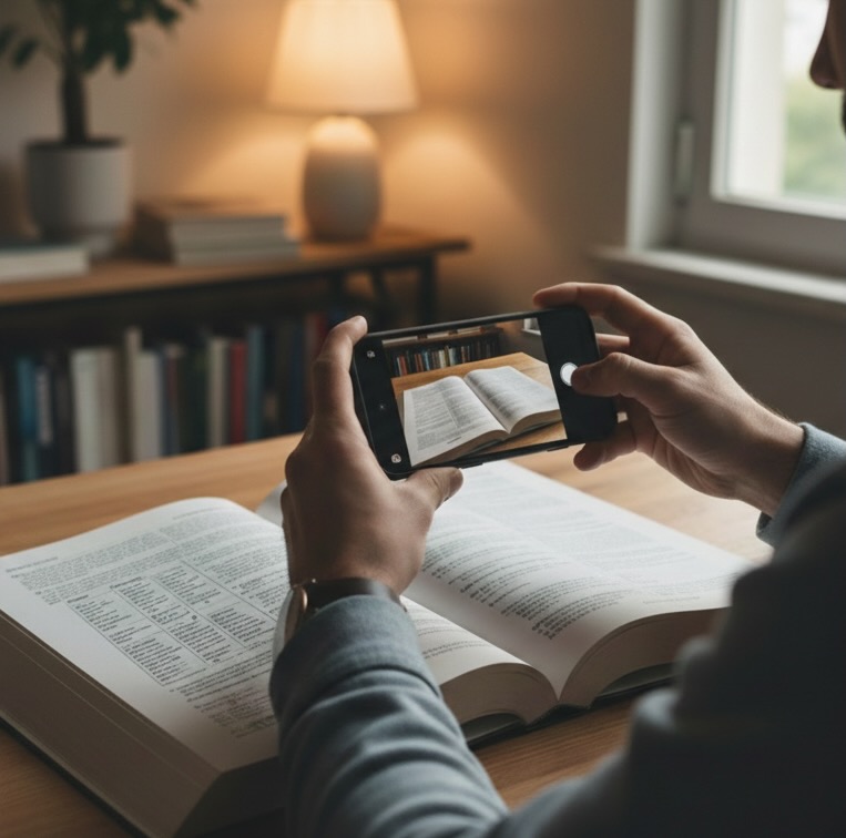 Person taking photo of Welsh textbook with mobile phone